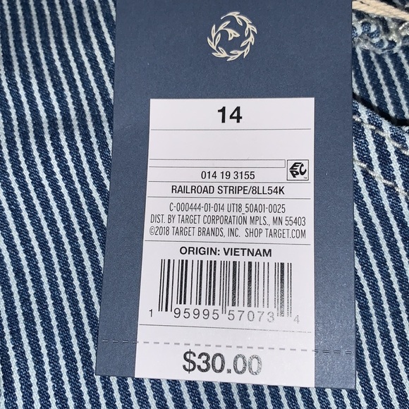 (L)- Universal Thread Women's Railroad Striped Side Button Short Denim Overalls - Picture 7 of 10